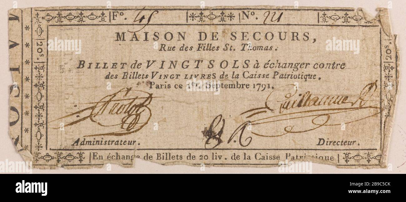 20 Note Soils, home Emergency Street girls St. Thomas, F 45, 221, GA, 1. September 1791. Anonyme. Billet de 20 sols, maison de secours rue des filles Saint-Thomas, F 45, Nr. 221, GA, 1er septembre 1791. Typographie, encre. Jahrhunderts. Paris, musée Carnavalet. Stockfoto