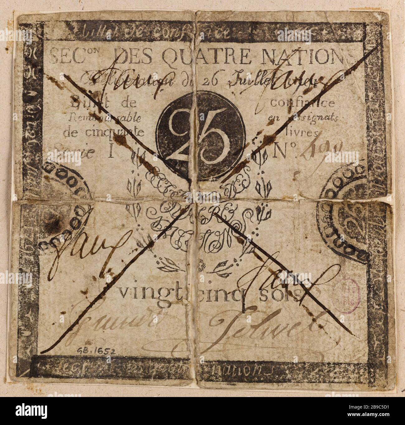 Billet 25 Floors of Trust, Section Four Nations Series I, Nr. 490, 26. Juli 1791 Beratung. Anonyme. Billet de confiance de 25 sols, section des quatre Nations, série I, Nr. 490, Délibération du 26 juillet, Inac. Typographie, encre. Jahrhunderts. Paris, musée Carnavalet. Stockfoto Billet 25 Floors of Trust, Section Four Nations Series I, Nr. 490, 26. Juli 1791 Beratung. Anonyme. Billet de confiance de 25 sols, section des quatre Nations, série I, Nr. 490, Délibération du 26 juillet, Inac. Typographie, encre. Jahrhunderts. Paris, musée Carnavalet. Stockfoto