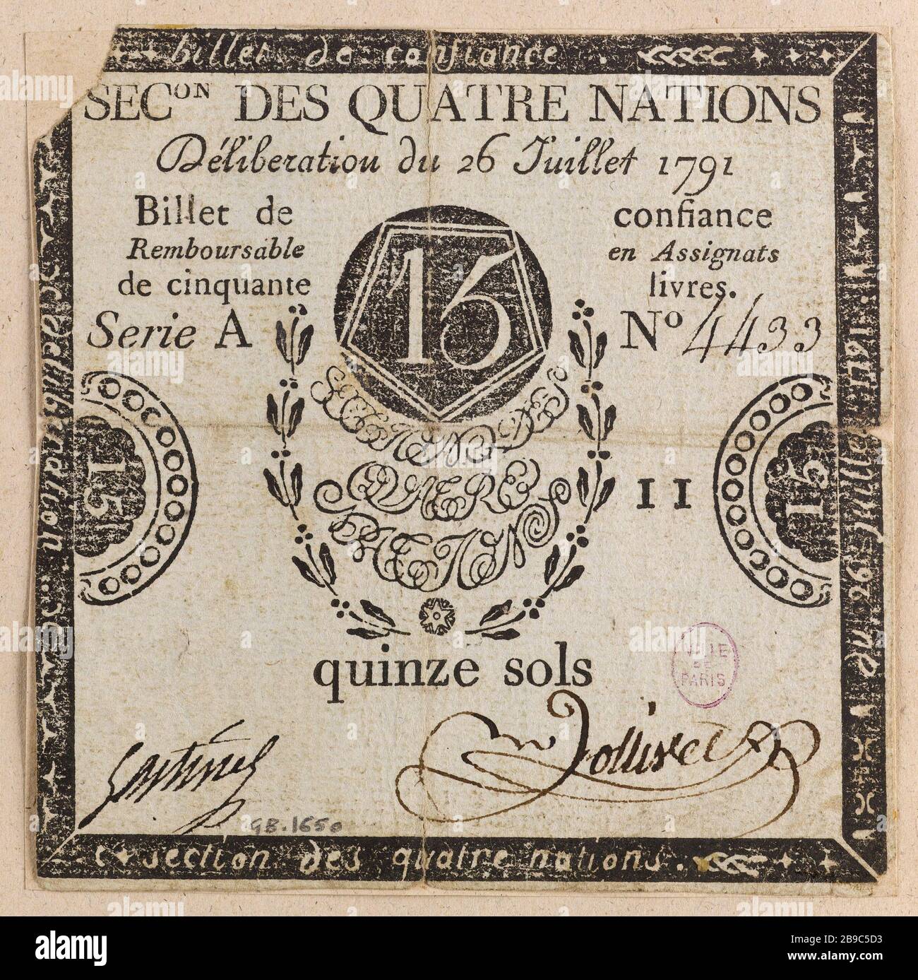 Ticket Confidence Floors 15, Section Four Nations, Series A, No 4433-II Decision vom 26. Juli 1791. Anonyme. Billet de confiance de 15 sols, section des quatre Nations, série A, Nr. 4433-II, délibération du 26 juillet 1701. Typographie, Encre, Papier vert. Jahrhunderts. Paris, musée Carnavalet. Stockfoto