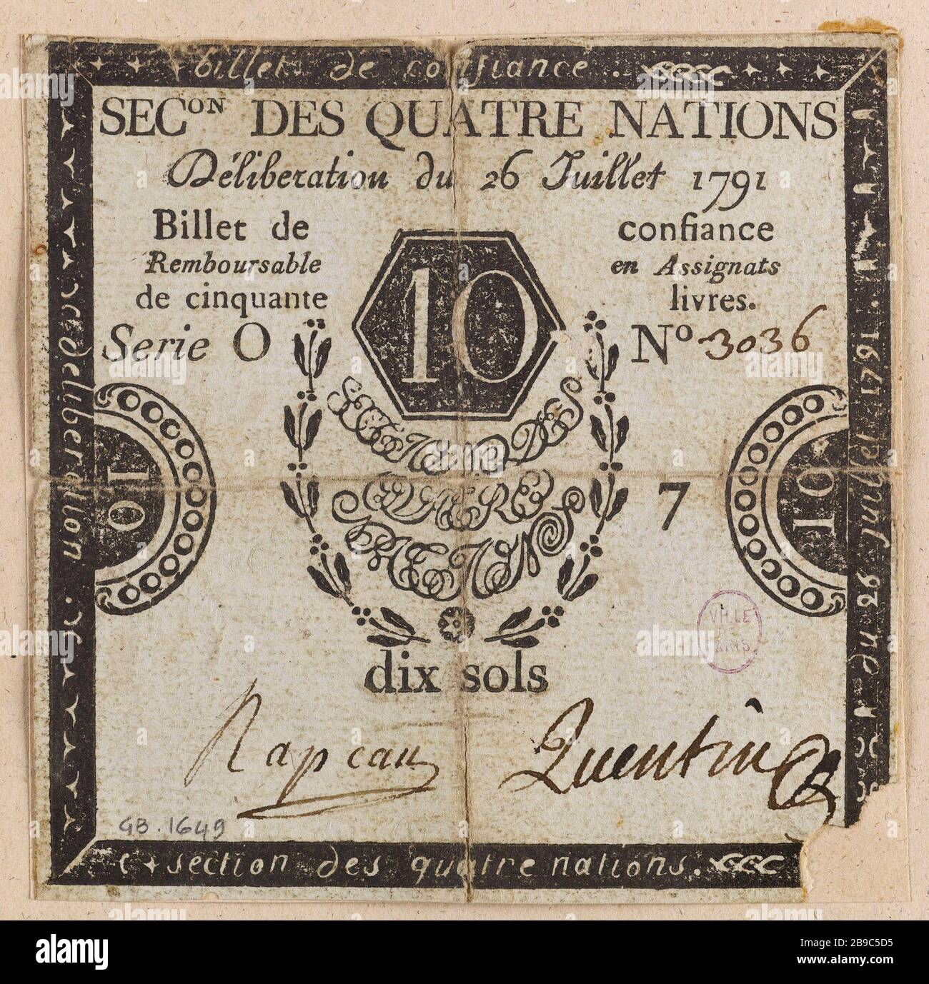 Ticket 10 Floors of Trust, Section Four Nations Series O, Nr. 3036-7, Beratung vom 26. Juli 1791. Anonyme. Billet de confiance de 10 sols, section des quatre Nations, série O, Nr. 3036-7, Délibération du 26 juillet 1701. Typographie, Encre, Papier vert. Jahrhunderts. Paris, musée Carnavalet. Stockfoto