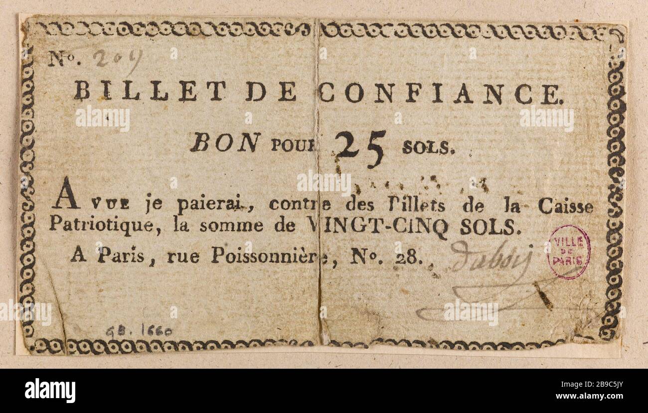 Billet 25 Land Trust, patriotische Trommel, 28 Poissonière Street, Nr. 209. Anonyme. Billet de confiance de 25 sols, caisse patriotique, 28 rue Poissonière, Nr. 209. Typographie, encre. 1790-1793. Paris, musée Carnavalet. Stockfoto