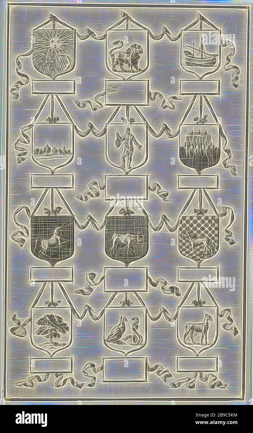 Waffen der zwölf Stämme Israels, der zwölf Stämme Israels (nicht im biblischen Kontext), anonym, 1683 - 1762, Papier, Radierung, h 135 mm × w 83 mm, von Gibon neu vorgestellt, Entwurf eines warmfröhlichen Lichtes von Helligkeit und Lichtstrahlen. Klassische Kunst mit moderner Note neu erfunden. Fotografie, inspiriert vom Futurismus, die dynamische Energie moderner Technologie, Bewegung, Geschwindigkeit und Kultur revolutionieren. Stockfoto