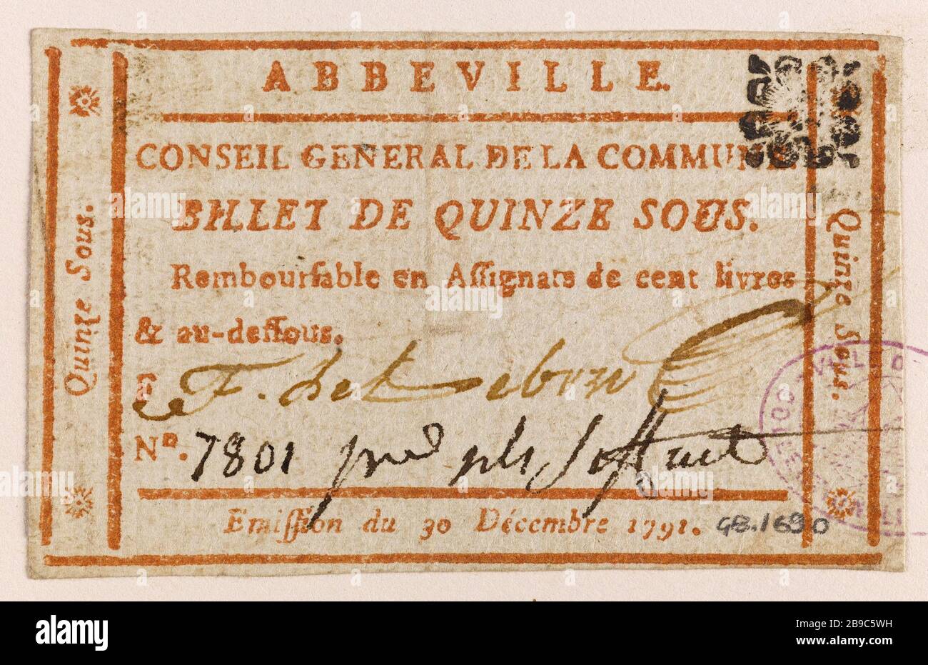 Ticket 15 unter, Stadt Abbeville, F 7801, 30. Dezember 1791. Anonyme. Billet de 15 sous, commune d'Abbeville, F-Nr. 7801, 30 décembre 1701. Typographie rouge, encre. 1790-1793. Paris, musée Carnavalet. Stockfoto