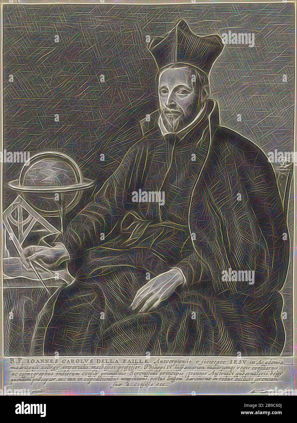 Porträt von Johannes Carolus de la Faille, Jesuit und Mathematikerin, Johannes Carolus de la Faille, Adriaen Lommelin (erwähnt am Objekt), Antwerpen, 1630 - 1677, Papier, Gravur, h 282 mm × w 209 mm, von Gibon neu vorstellbar, Entwurf eines warmfröhlichen Lichts von Helligkeit und Lichtstrahlen. Klassische Kunst mit moderner Note neu erfunden. Fotografie, inspiriert vom Futurismus, die dynamische Energie moderner Technologie, Bewegung, Geschwindigkeit und Kultur revolutionieren. Stockfoto