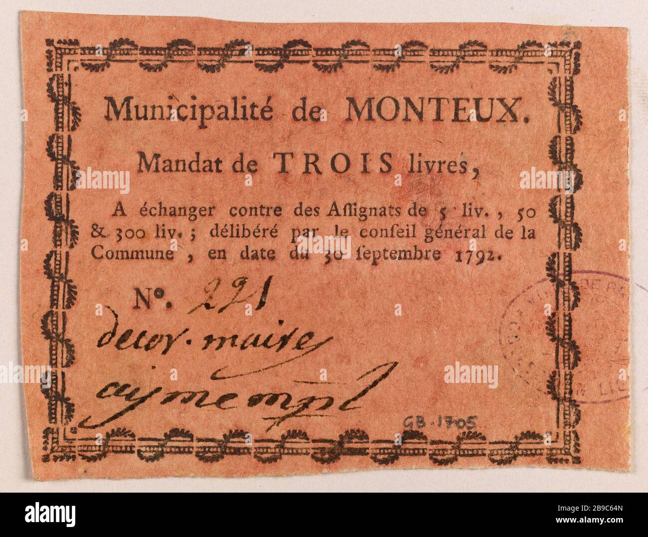 Mandat 3 Pfund, Gemeinde Monteux, Nr. 221, 30. September 1792. Anonyme. Mandat de 3 livres, munizialité de Monteux, Nr. 221, 30 septembre 173. Typographie, Encre, Papier-Rose. 17992. Paris, musée Carnavalet. Stockfoto
