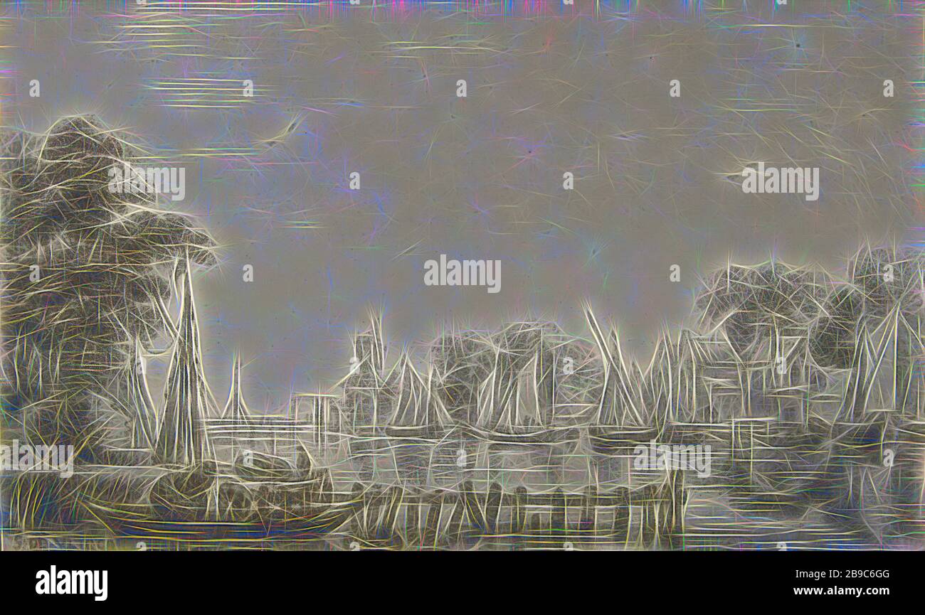 Flussblick mit Segelschiffen, einer Mühle und Häusern. Im Vordergrund zwei Männer in einem Ruderboot., Fluss (Landschaft mit Figuren, Staffage), Christiaan Josi, Noord-Nederland, 1821, Papier, Radierung, h 184 mm × w 308 mm, von Gibon neu vorgestellt, Design von warmfröhlichem Leuchten von Helligkeit und Lichtstrahlen. Klassische Kunst mit moderner Note neu erfunden. Fotografie, inspiriert vom Futurismus, die dynamische Energie moderner Technologie, Bewegung, Geschwindigkeit und Kultur revolutionieren. Stockfoto