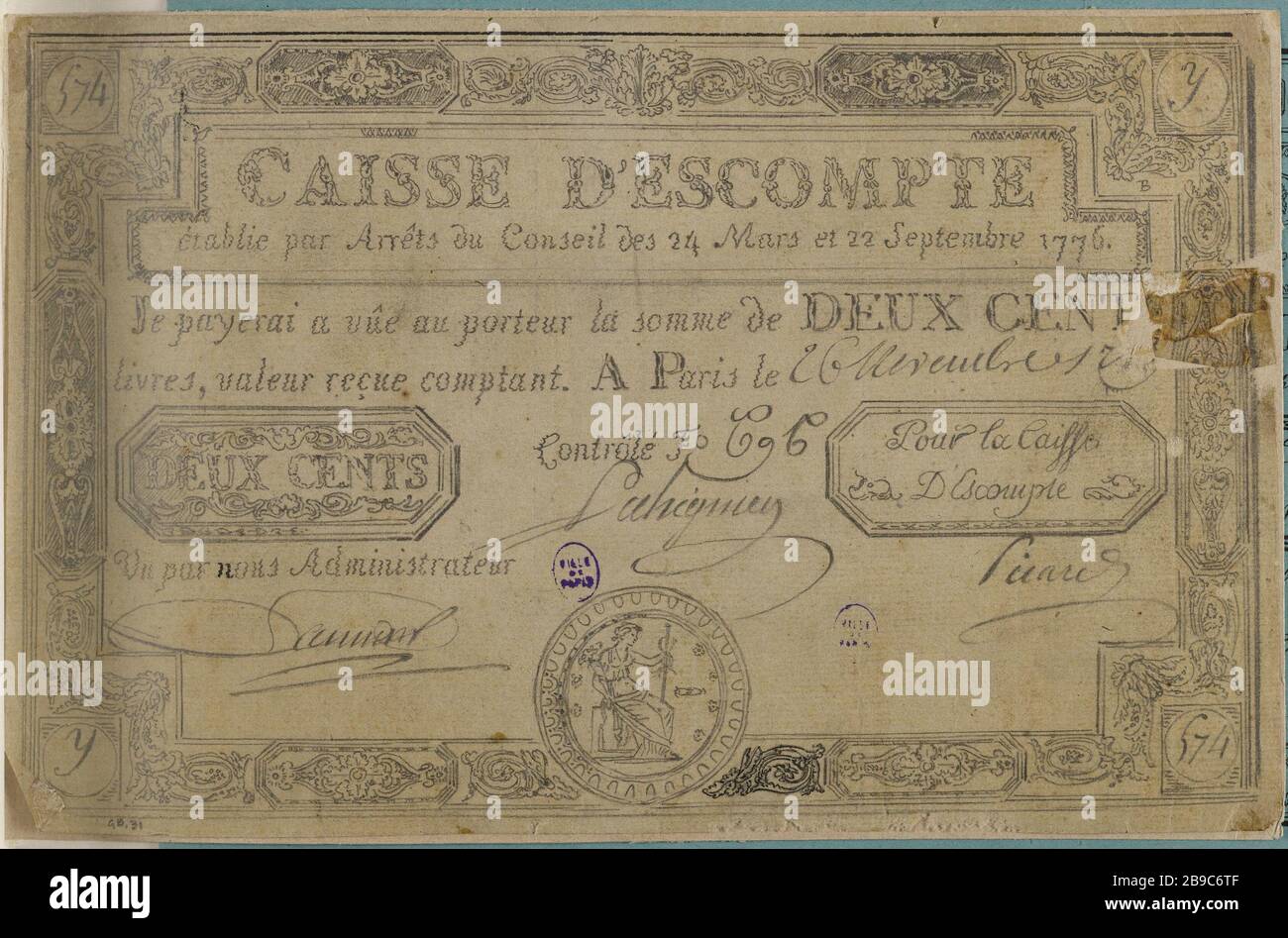 Ticket 200 Pfund, Rabattfall Nr. 574-Y, Kontrolle F 696, 26. November 1789 Caisse d'escompte. Billet de 200 livres, Caisse d'escompte, Nr. 574-Y, Contrôle F 696, 26 novembre 1789. Encre, crayon. Paris, musée Carnavalet. Stockfoto