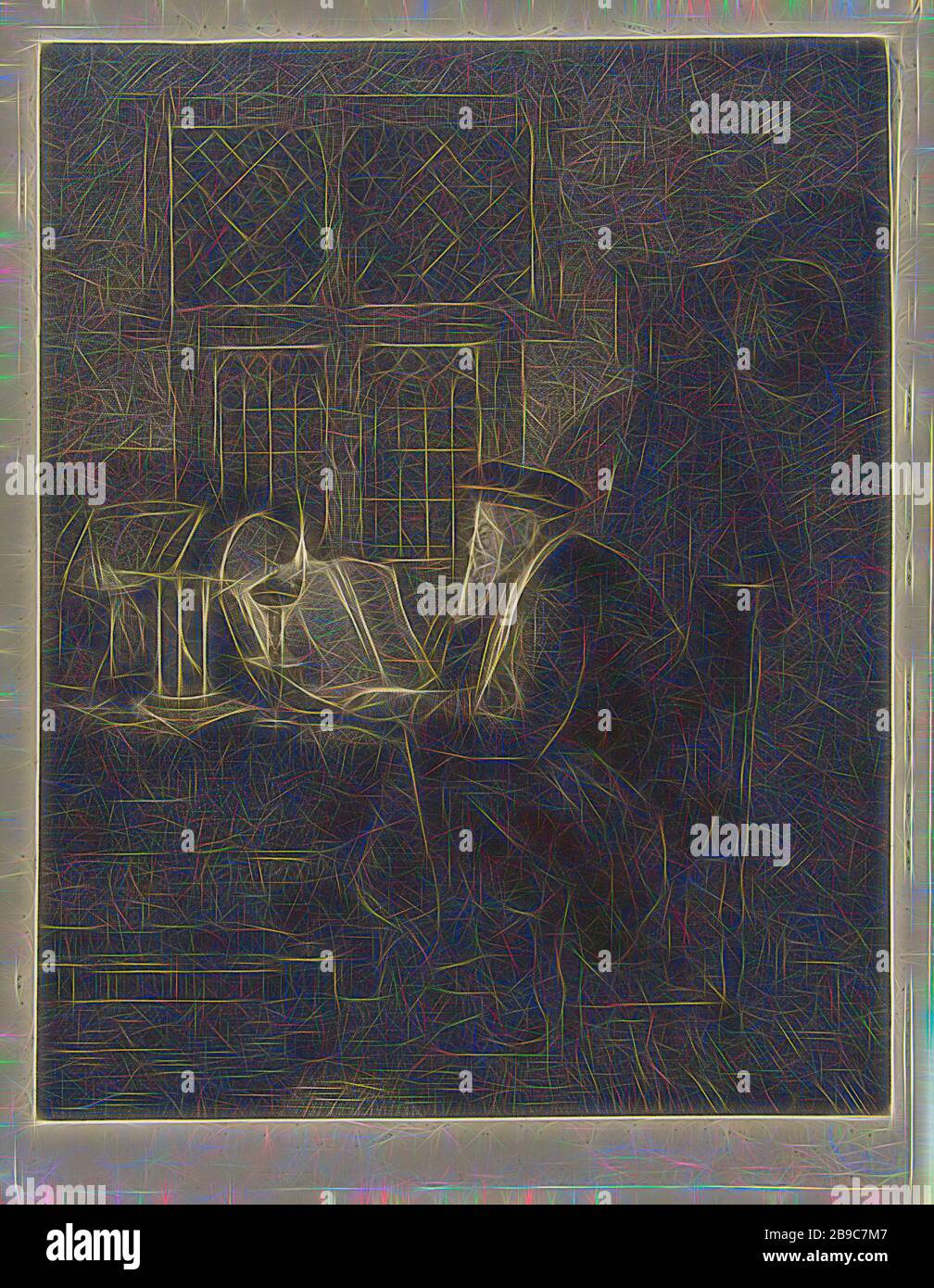 Philosoph in seiner Studie untersucht ein Mann in einem dunklen Raum bei dem Licht, das von einer Öllampe kommt, ein Buch, das auf dem Tisch vor ihm liegt. Hinter dem Buch befindet sich eine Lupe und eine offene Schachtel mit Papier und einer Sanduhr auf dem Tisch, Gelehrter in seiner Studie, Lupe, Sanduhr, Johannes Pieter de Frey, 1796, Papier, Radierung, h 220 mm × w 167 mm, neu von Gibon vorgestellt, Design mit warmem, fröhlichem Glanz von Helligkeit und Lichtstrahlen. Klassische Kunst mit moderner Note neu erfunden. Fotografie inspiriert von Futurismus, die dynamische Energie moderner Technologie, Bewegung, Geschwindigkeit und r umfasst Stockfoto