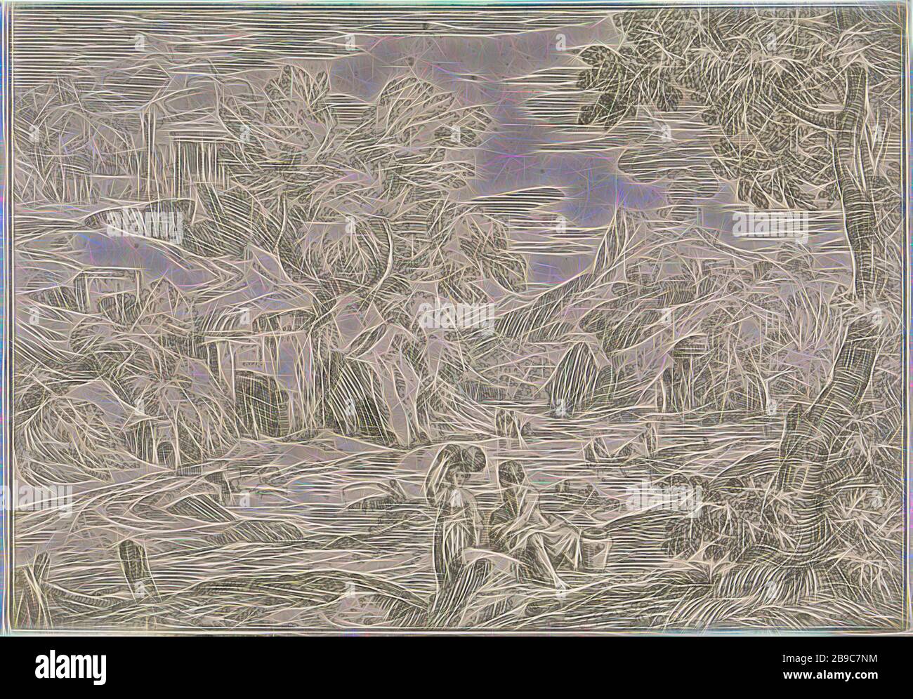 Arcadianische Landschaft mit wachhabenden Frauen arkadische Landschaften (Serientitel), eine arkadische Landschaft mit einem See. Einige Frauen waschen ihre Kleidung auf dem See. Im Hintergrund ein Hügel mit einem Tempel. Der Druck ist Teil einer Serie von sechs arkadischen Landschaften: Pastorale, arkadische Szenen, See (Landschaft mit Figuren, Staffage), Tempel, Schrein, römische Religion, Abraham Genoels, Antwerpen (möglicherweise), 1.650 - 1723, Papier, Radierung, h 140 mm × w 202 mm, von Gibon reimaginiert, Design mit warmem, fröhlichem Glanz von Helligkeit und Lichtstrahlen. Klassische Kunst mit moderner Note neu erfunden. Von Fu inspirierte Fotografie Stockfoto