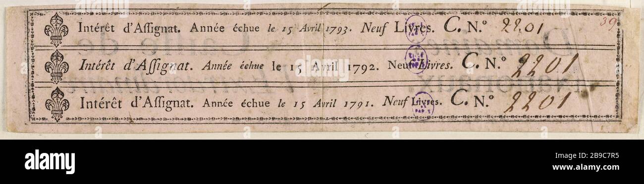 Drei Zinsabtretung 9 Pfund C. - Nr. 2201, das Jahr bis zum 15. April 1701, 173, 173 und 173 Caisse de l'Extraordinaire. Trois intérêts d'assignat de 9 livres C. - Nr. 2201, année échue les 15 avril 1701, 1792-3. Typographie encre sur Papier Rose. Paris, musée Carnavalet. Stockfoto