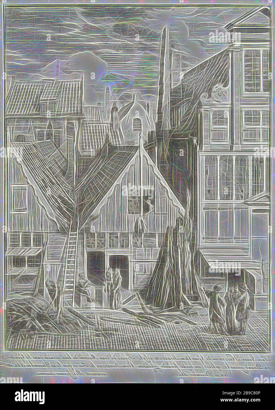Ausgebrannte Häuser in der Goudsbloemstraat in Amsterdam, 1682 Zwei  Holzhäuser in der Gicht - Blom-Straat, fing Feuer sind erloschen, und hielt  am 25. Dezember 1682/Abbildung de deux Maisons de Bois, Situation der