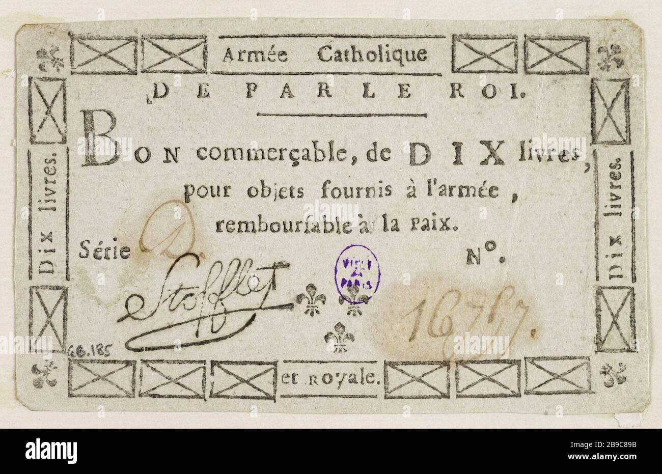 Gute handelsübliche 10 Pfund, katholische und königliche Armee, Serie D Nr. 16757 Armée Catholique et Royale de Vendée. Bon commerçable de 10 livres, Armée catholique et royale, série D Nr. 16757. Typographie, Papier vert. Paris, musée Carnavalet. Stockfoto