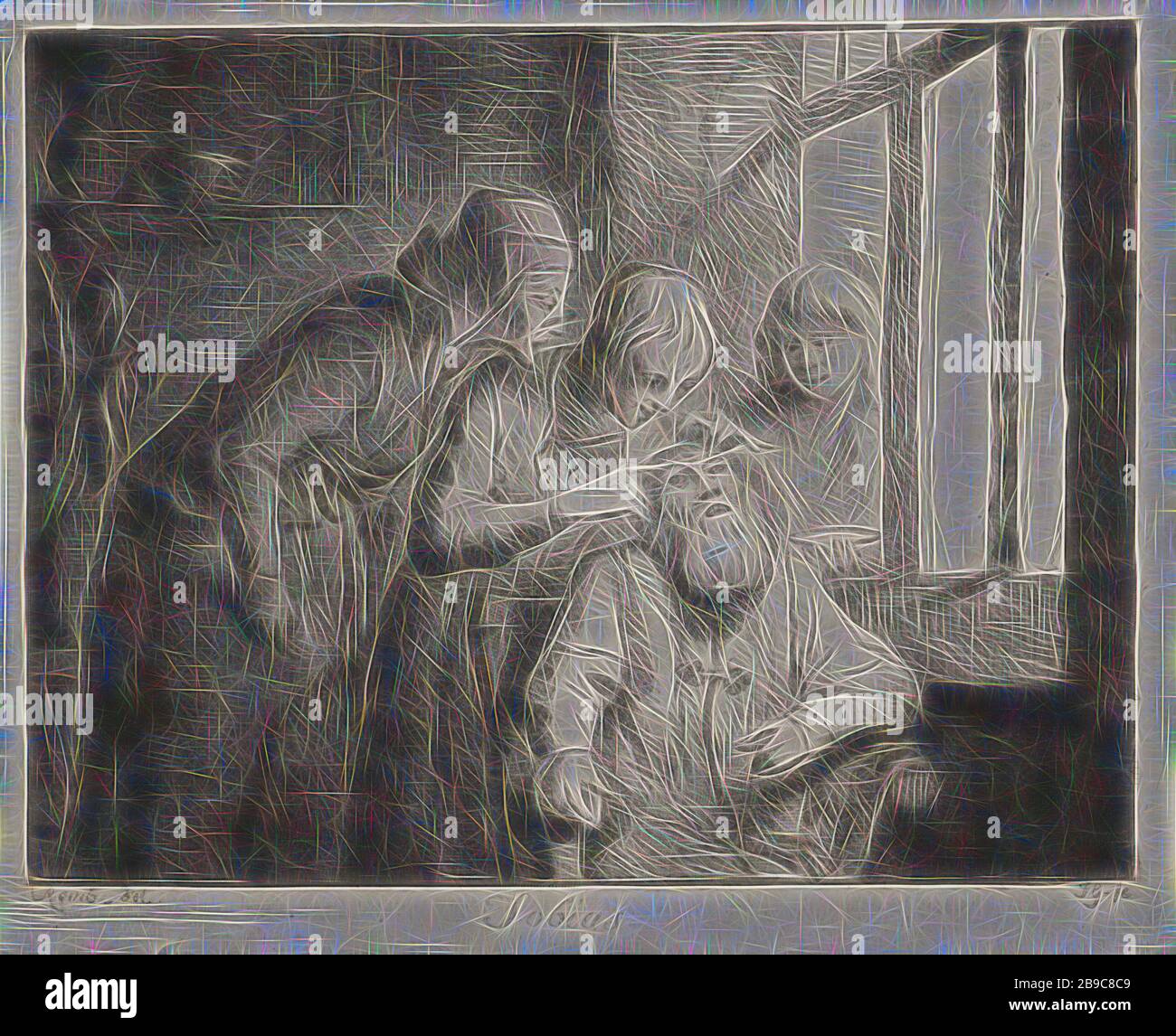 Jacob karrt Benjamin, Abraham Caresses Isaac, Rembrandt van Rijn (erwähnt am Objekt), 1635 - 1639, Papier, Radierung, h 116 mm × w 89 mm, von Gibon neu vorgestellt, Design von warmfröhlichem Leuchten von Helligkeit und Lichtstrahlen. Klassische Kunst mit moderner Note neu erfunden. Fotografie, inspiriert vom Futurismus, die dynamische Energie moderner Technologie, Bewegung, Geschwindigkeit und Kultur revolutionieren. Stockfoto