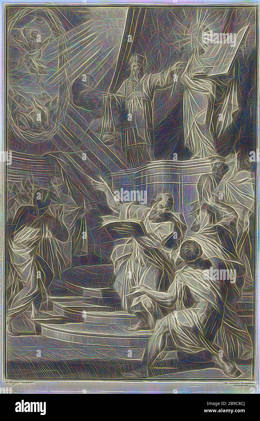 Aaron und die verhüllte Mose die Israeliten die Tafeln des Gesetzes Titel Seite für David Martin, Geschichte des Alten und Neuen Testaments, 1700, auf einem Sockel, der Hohepriester Aaron und die verhüllte Mose vorhanden. Um Ihnen das Jüdische Volk. Mose zeigt die Israeliten die Tafeln des Gesetzes. Im Hintergrund die tetragram und eine Darstellung der Himmelfahrt Christi, Mose sein Gesicht mit einem Schleier bedeckt, Moses kommt mit den neuen Tabletten und gewartet von Aaron und die versammelten Menschen, die feststellen, dass "Sein Gesicht scheint" (Moses' Gesicht mit Strahlen von Licht oder mit Hörnern dargestellt wird), Christus aloft Stockfoto