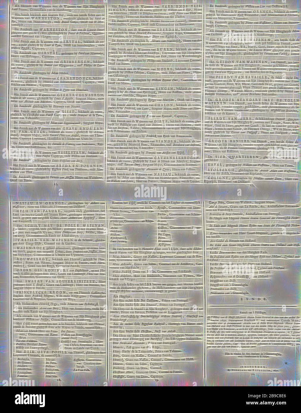 Der Trauerzug von Frederik Hendrik (text Blatt 15-20), 1647 Der Trauerzug der Stadthalter Frederik Hendrik in Den Haag im Jahre 1647 Trauerzug von syne Hoogheyt Frederick Henrick, von der Gratien Götter Prinz von Oranien, Grave van Nassau, Blatt aus zwei Blätter zusammen mit den sechs text Blätter geklebt nummeriert 15-20, gehört zu der Reihe der Trauerzug von Stadholder Frederik Hendrik in Den Haag am 10. Mai 1647. Teil einer Serie von 30 Platten und 20 Text blättern, die miteinander verklebt werden, Den Haag, Frederik Hendrik (Prinz von Oranien), Pieter Jansz. Post (Männer Stockfoto