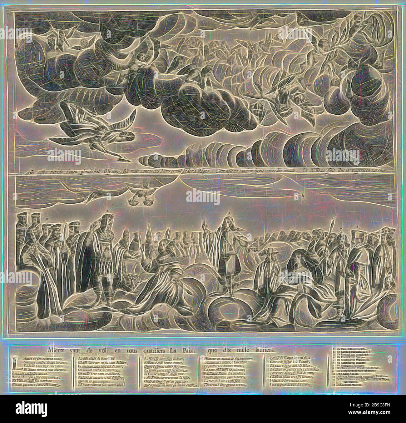 Allegorie des Westfälischen Friedens (links), 1648, 1648. Die Darstellung auf der linken Blatt zeigt oben den Himmel mit Engeln und darunter eine Gruppe der Fürsten die Wolken. Mehrere Personen einen Eid. Einen lateinischen Text läuft durch die Wolken. Sind unter anderem dargestellt: Louis XIV, Kaiser Ferdinand III. und Königin Christina von Schweden. Der -Druckserver enthält ein textblatt mit einer französischen Vers in 5 Spalten und eine Legende 1-13 im Niederländischen., Ferdinand III (Deutscher Kaiser), Christina (Königin von Schweden), Louis XIV (König von Frankreich), Johan IV (König von Portugal), Anna von Österreich (Königin von Frankreich), Giulio Raimondo Mazari Stockfoto