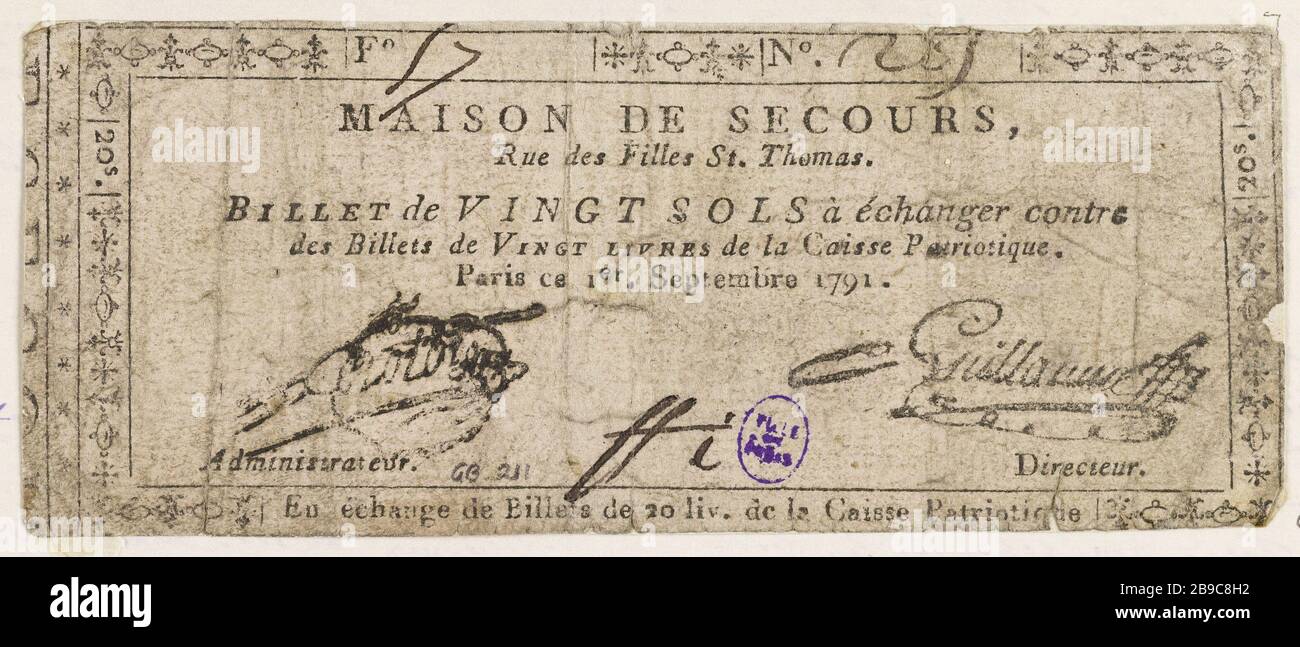 20 Note Soils, Emergency Home Street girls St. Thomas, 1. September 1791 Maison de secours. Billet de 20 sols, maison de secours rue des filles Saint-Thomas, F 17, Nr. 285(?), EEC, 1er septembre 1701. Typographie, encre. Paris, musée Carnavalet. Stockfoto