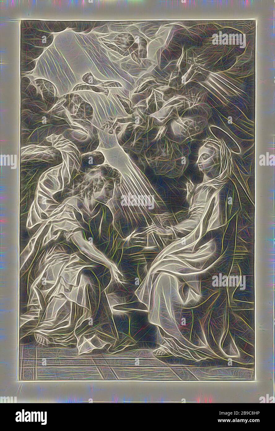 Mariä Verkündigungsszenen aus dem alten und neuen Testament (Serientitel) Breviary romanum (Serientitel) sitzt Maria auf einem Stuhl. Sie wird von dem Engel Gabriel besucht. Er sagt ihr, dass sie einen Sohn namens Christus gebären wird. Mehrere kleine Engel oben in den Wolken. Der Heilige Geist (eine Taube) steigt vom Himmel herab. Der Druck ist Teil einer Serie mit Szenen aus dem alten und neuen Testamente, die Verkündigung: Maria, normalerweise lesend, wird vom Engel besucht (manchmal hört eine Frau das Gespräch), Theotor Galle, Antwerpen, c 1612 - ca. 1616, Papier, Gravur, h 294 mm × w 193 mm, von GI neu vorgestellt Stockfoto