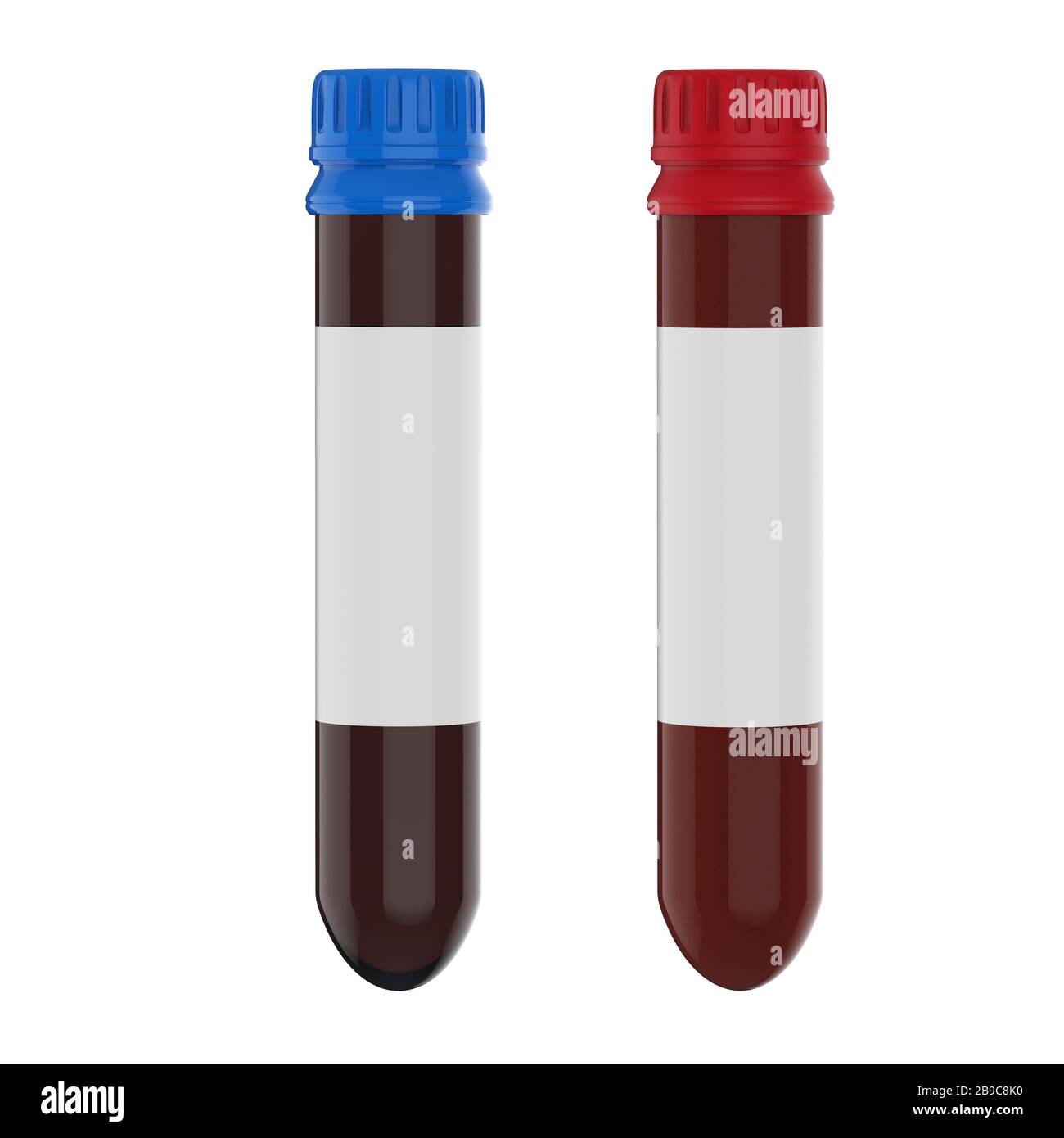 3D-Rendering-Reagenzglas mit Blut und weißem Leerzeretikett, isoliert auf Weiß Stockfoto