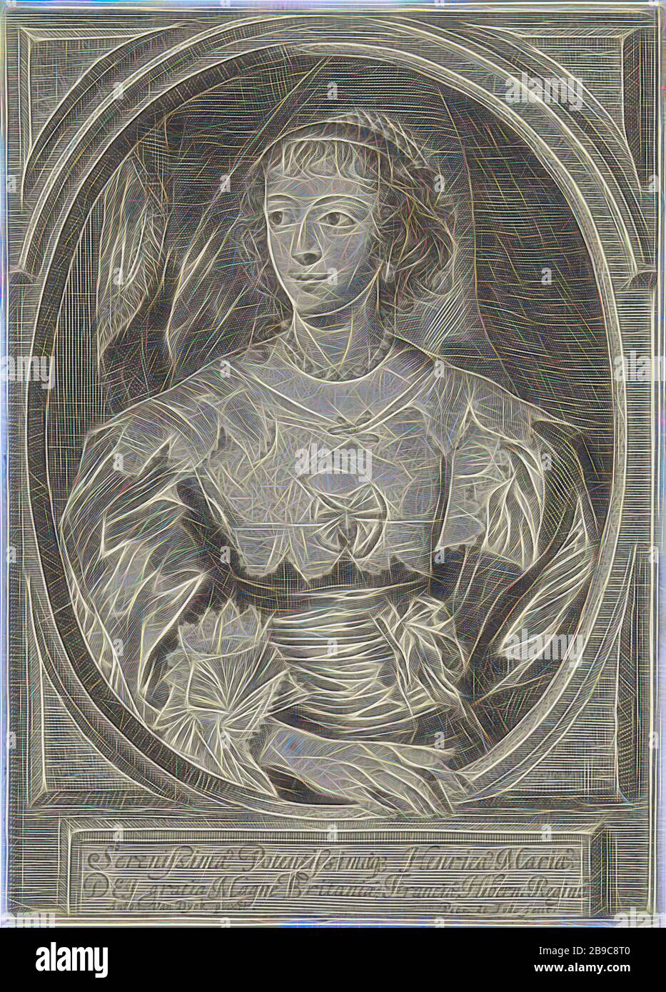 Büstenporträt von Henriette Maria, Königin von England Theatrum pontificum, imperatorum, regum, dukum (...) (Serientitel), Büstenporträt von Henriette Maria. Das Porträt ist in einem ovalen Rahmen aufgestellt, ihre rechte Hand ruht auf dem Rand. Im Rahmen unter dem Rahmen eine zweizeilige Bildunterschrift in lateinischer Sprache. Henriette Maria de Bourbon (Königin von England), Pieter de Jode (II) (erwähnt am Objekt), England, 1628 - 1670, Papier, Radierung, h 161 mm × w 115 mm, von Gibon neu vorgestellt, Design von warmem, fröhlichem Leuchten von Helligkeit und Lichtstrahlen. Klassische Kunst mit moderner Note neu erfunden. Von Futur inspirierte Fotografie Stockfoto