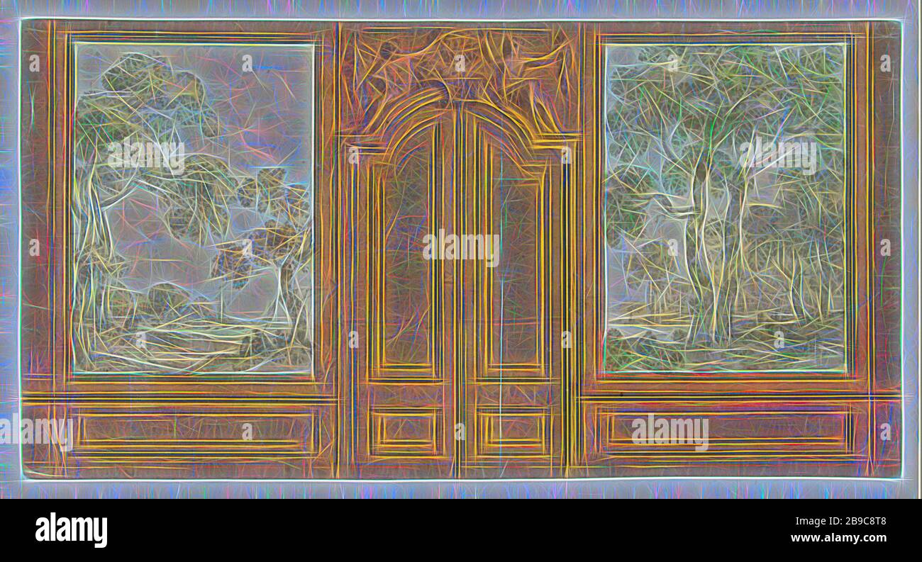 Design für Zimmerwand, Jurriaan Andriessen, 1752 - ca. Von Gibon neu erstelltes, warmfröhliches Leuchten von Helligkeit und Lichtstrahlen, Papier, Aquarell (Farbe), Tinte, Graphit (Mineral), Bürste, h 160 mm × w 308 mm. Klassische Kunst mit moderner Note neu erfunden. Fotografie, inspiriert vom Futurismus, die dynamische Energie moderner Technologie, Bewegung, Geschwindigkeit und Kultur revolutionieren. Stockfoto