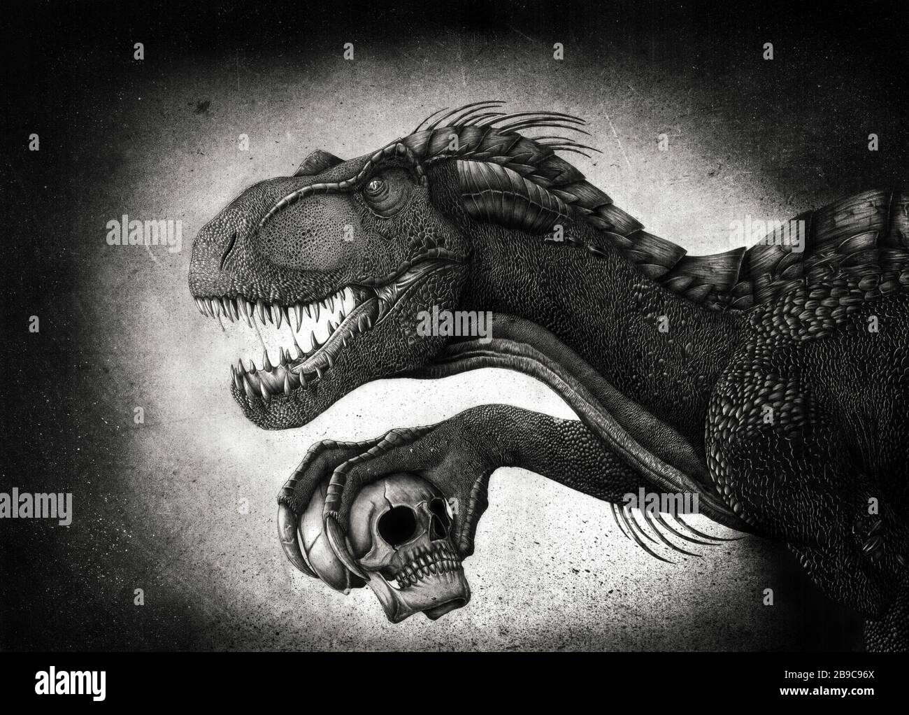 Indoraptor-Dinosaurier greifen mit ihrem Talon einen Schädel. Stockfoto