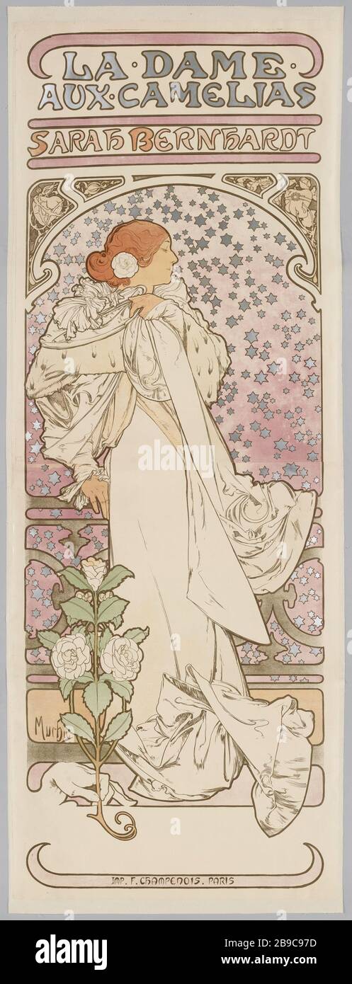 DIE. DAME. / ZUM. CAMELIAS/SARAH BERNHARDT (Titel eingeschrieben (Brief)) Mucha, Alphonse (1860-08-24 - 1939-07-14), LA. DAME. / AUX. CAMELIAS/SARAH BERNHARDT (Titer inscrit (lettre)), 1896. Lithographie couleur. Musée Carnavalet, Histoire de Paris. Stockfoto