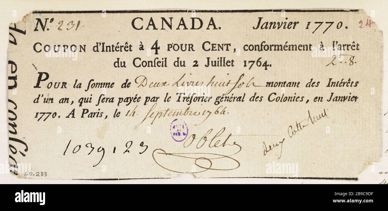 Zinscoupon von 2 Pfund 8-4 Prozent, Kanada, Nr. 231-1039123, 14. September 1764 Oblet. Coupon d'intérêt de 2 livres 8 à 4 pour Cent, Kanada, Nr. 231 - 1039123, 14 septembre 1764. Typographie, encre. Paris, musée Carnavalet. Stockfoto