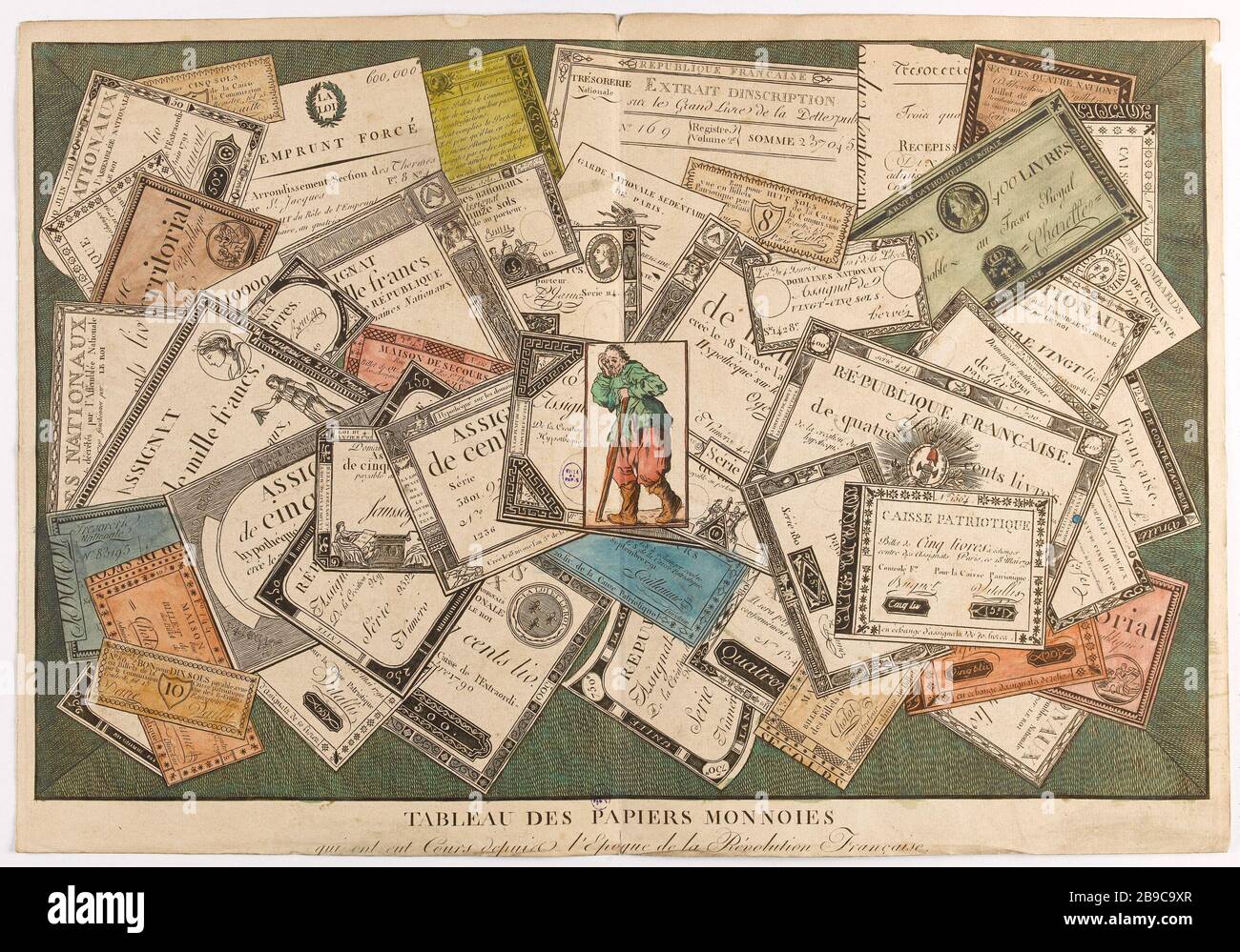 Der Tisch miniert die Papiere, die wir seit dem Zeitalter der französischen Revolution unterwegs waren. Anonyme. Tableau de Papiers monnoies qui on eut cours depuis l'Epoque de la Révolution Française. Eau-forte coloriée. Im Jahre 171. Paris, musée Carnavalet. Stockfoto