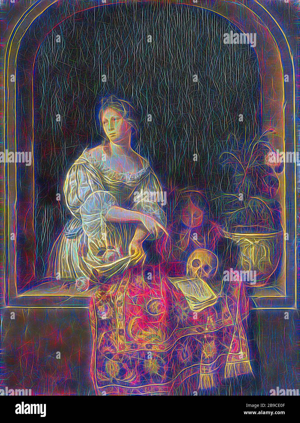 Allegorie der Vergänglichkeit, Allegorie der Vergänglichkeit. Eine junge Frau, die in einem Fenster steht, zeigt auf einen Schädel und ein Musikbuch, das auf der Fensterbank auf einem persischen Teppich liegt. Rechts ein Mohn in einem Topf. Die Frau hält Blumen in ihrer Schürze. Hinter der Frau bläst ein Junge Blasen, Willem van Mieris (zugeschrieben), 1670 - 1681, Tafel, Ölfarbe (Farbe), h 36 cm × w 28 cm d 7,4 cm, von Gibon neu erdacht, Entwurf eines warmfröhlichen Lichts von Helligkeit und Lichtstrahlen. Klassische Kunst mit moderner Note neu erfunden. Fotografie, inspiriert von Futurismus, die dynamische Energie moderner Technologie umfasst, mo Stockfoto