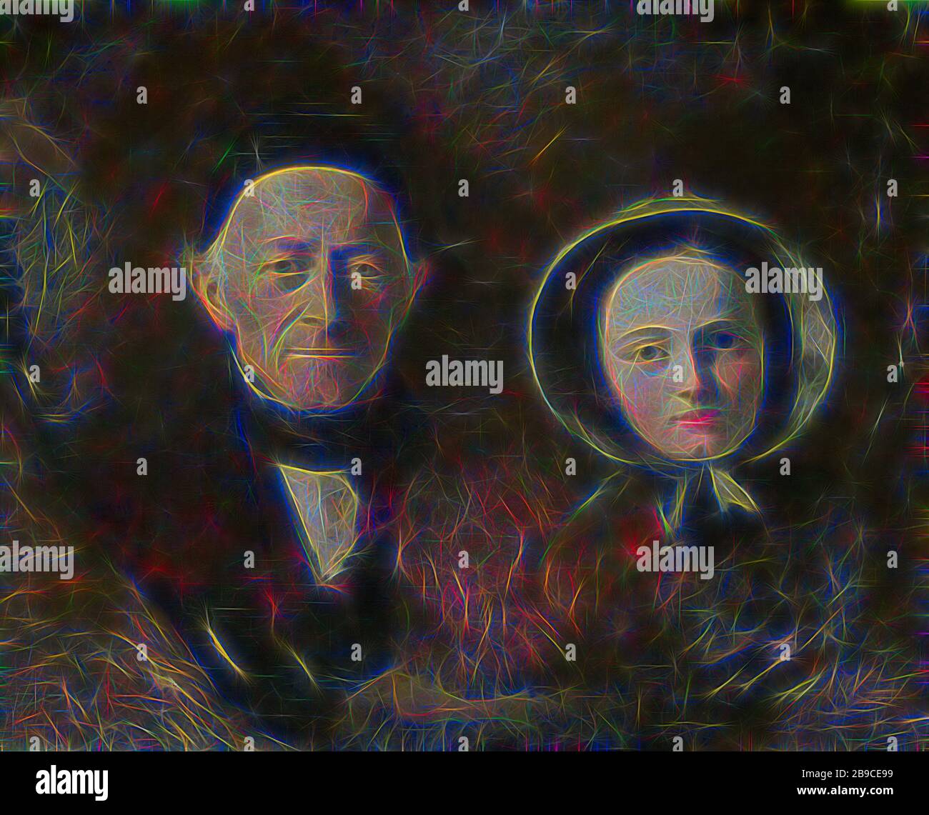 Porträt von Johann Joseph Hermann, dem Schwiegervater des Künstlers, mit seinem Enkelkind Ida Schwartze, der ältesten Tochter des Künstlers, Porträt von Johann Joseph Hermann (82-1857), dem Schwiegervater des Malers, mit seiner Enkelin Ida Schwartze, der ältesten Tochter des Malers. Büsten nebeneinander, und Gesicht., Johann Georg Schwartze, 1844 - 1857, Leinwand, Ölfarbe (Lack), h 62,3 cm × w 77,8 cm × t 3,1 cm d 8,0 cm, von Gibon neu erdacht, Design von warmem, fröhlichem Leuchten von Helligkeit und Lichtstrahlen. Klassische Kunst mit moderner Note neu erfunden. Fotografie, inspiriert von Futurismus, mit dynamischer Dynamik Stockfoto