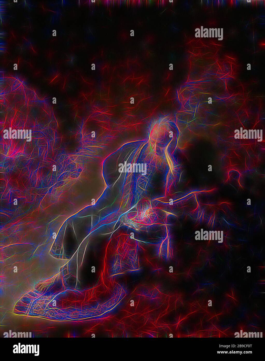 Jeremia beklagt die Zerstörung Jerusalems, Jeremia trauert um die Zerstörung Jerusalems. Der alte Prophet sitzt auf dem felsigen Hang eines Berges, der Kopf ruht auf der linken Hand. Auf einem Stein neben ihm befinden sich eine goldene Schüssel und Dose und Bücher, Schreine aus dem zerstörten Tempel. Unten links sind die brennenden Gebäude der Stadt und der Soldaten, Jeremiah beklagt über die Zerstörung Jerusalems, Rembrandt van Rijn (erwähnt am Objekt), 1630, Tafel, Ölfarbe (Farbe), h 58 cm × w 46 cm, von Gibon neu vorgestellt, Entwurf eines warmfröhlichen Lichts der Helligkeit und Lichtstrahlen. Klassische Kunst Stockfoto