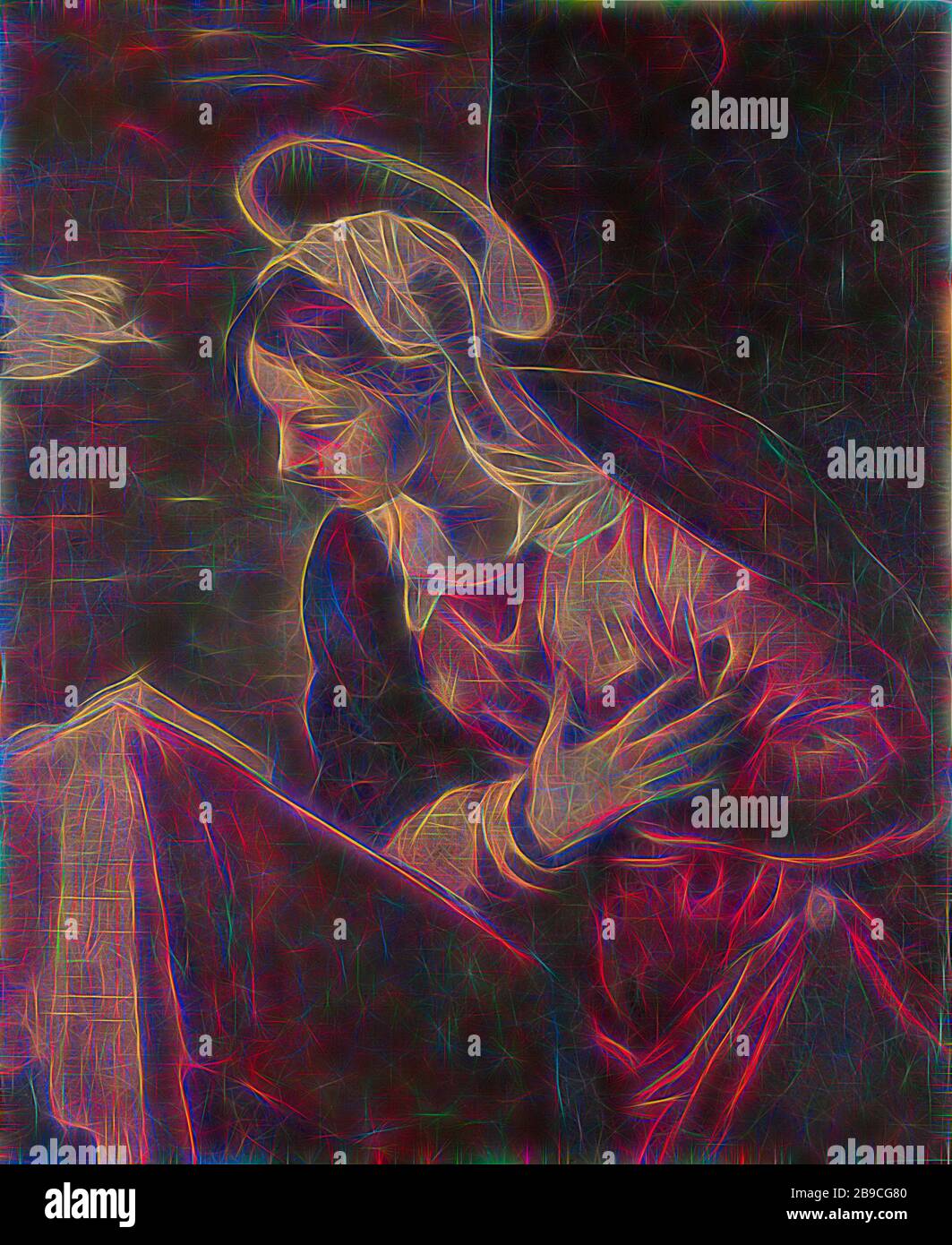 Jungfrau von der Verkündigung an die Jungfrau, die Gestalt Marias von der Verkündigung an Maria, Halbfigur, kniend mit den Händen vor ihr. Links die Taube des Heiligen Geistes. Fragment der Dekoration einer Orgel aus dem San Benedetto in Venedig. Wird von dem Engel (manchmal hört eine Frau das Gespräch), Jacopo Tintoretto, 1560 - 1585, Leinwand, Ölfarbe (Farbe), h 117 cm × w 94,5 cm, von Gibon neu vorgestellt, besucht Design mit warmem, fröhlichem Glanz von Helligkeit und Lichtstrahlen. Klassische Kunst mit moderner Note neu erfunden. Fotografie, inspiriert vom Futurismus, mit dynam Stockfoto