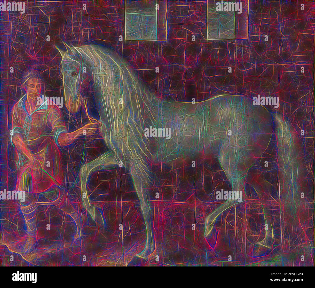 Spanisch Haudegen ein spanischer Haudegen von Lodewijk Gunther von Nassau von Erzherzog Albert von Österreich gefangen in der Schlacht von Nieuwpoort und präsentiert mit Prinz Maurits, eine weiße spanische Schlacht Hengst, von Louis Günther von Nassau auf Erzherzog Albertus von Österreich in der Schlacht von Nieuwpoort 1600 erfasst und mit Prinz Maurits gegeben. Das Pferd wird durch eine stabile Mann geführt und ist fast lebensgroße, Pferd, Bräutigam, Trophäe, Kampf, Krieg, Nieuwpoort (Belgien), Maurits (Prinz von Oranien), Louis Gunther Graf von Nassau, Albrecht, Erzherzog von Österreich, Jacob de Gheyn (II), 1603, Leinwand, Ölfarbe (Lack), h 22. Stockfoto