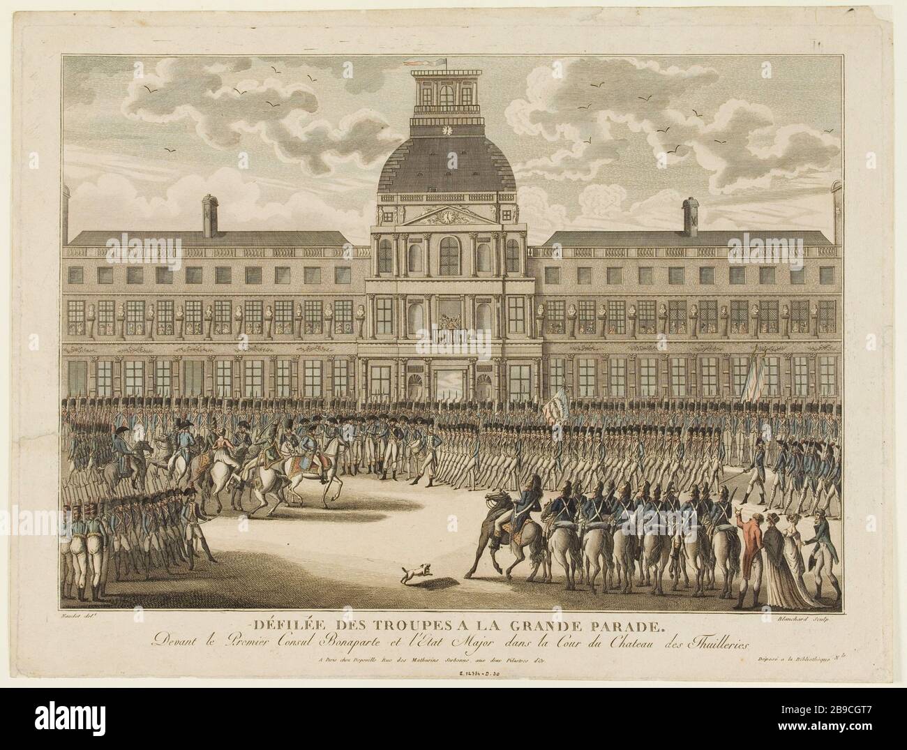 TRUPPENPARADE DER GROSSEN PARADE ZUM ERSTEN GENERALKONSUL BONAPARTE UND ZUM STAAT DES GERICHTS MAJORDANS CHATEAU DES TUILERIES J.B.M. après Blanchard (172-1849) d'  Naudet. "Défilé des troupes à la grande parade, devant le Premier Consul Bonaparte et l'état Major dans la cour du château des Tuilleries". Eau-forte aquarellée. Paris, musée Carnavalet. Stockfoto