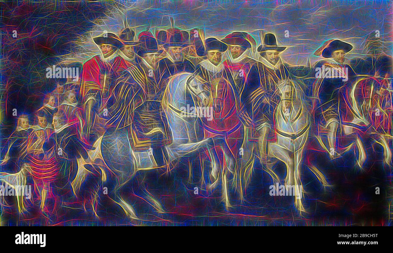 Prince Maurice, begleitet von seinen beiden Brüdern, Friedrich V., Kurfürst von der Pfalz, und die Grafen von Nassau zu Pferd, Prinz Maurits durch seine zwei Brüder begleitet, Friedrich V. von der Pfalz und ein paar Gräber von Nassau auf dem Pferd. In der ersten Zeile, von links nach rechts: Maurits (1567-1625), Prinz von Oranien, Friedrich V. (1596-1632), Kurfürst von der Pfalz, Philips Willem (1554-1619), Prinz von Oranien und Frederick Henry (1584-1647), Prinz von Oranien. In der zweiten Reihe, unter anderem: Willem Lodewijk (1560-1620), Graf von Nassau, Ernst Casimir (1573-1632), Graf von Nassau-Dietz ein Stockfoto