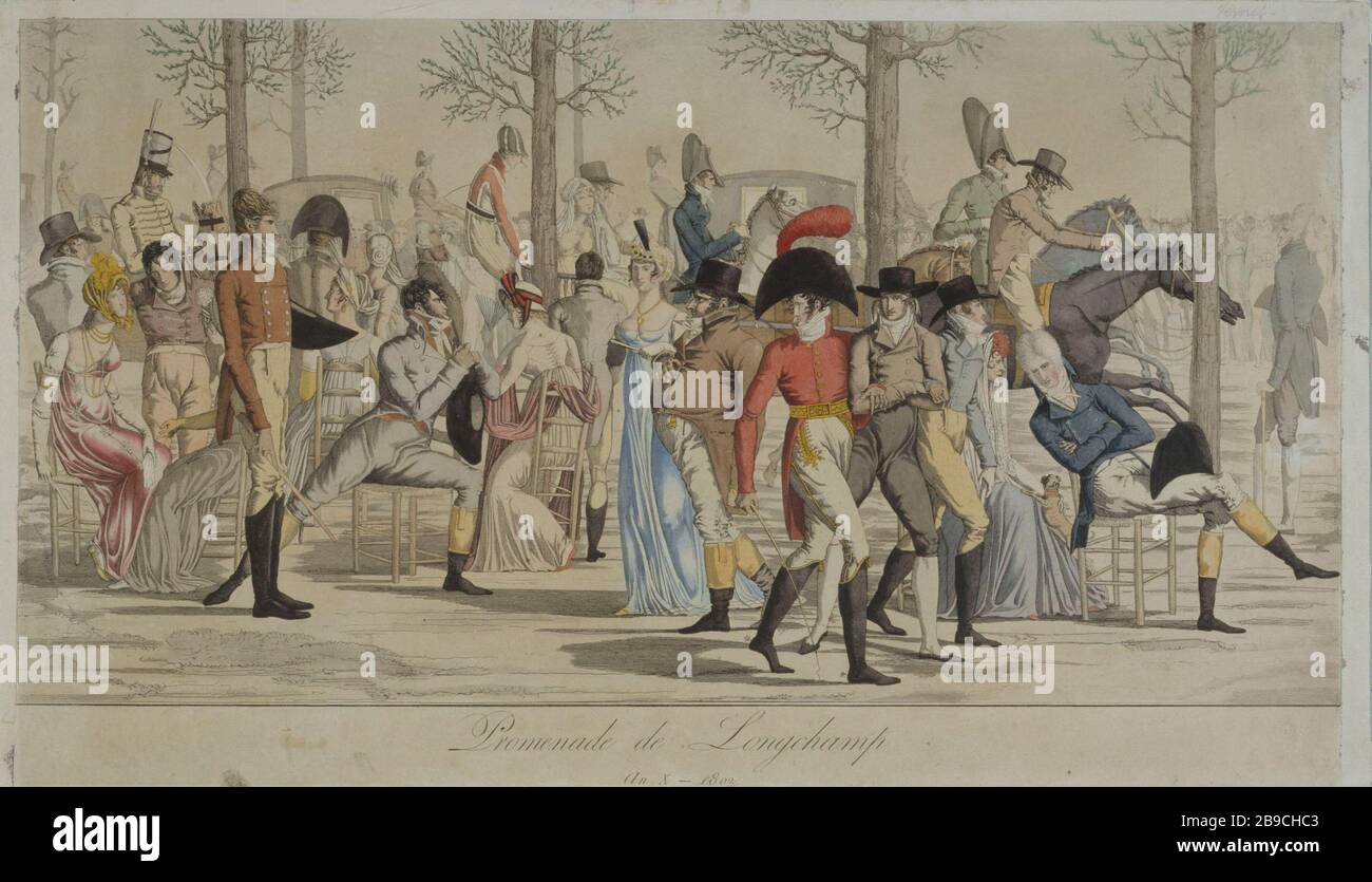 Walk Longchamp Carle Vernet (1758-1834). "Promenade de Longchamp, an X (1802)". Tiefdruck. Paris, musée Carnavalet. Stockfoto
