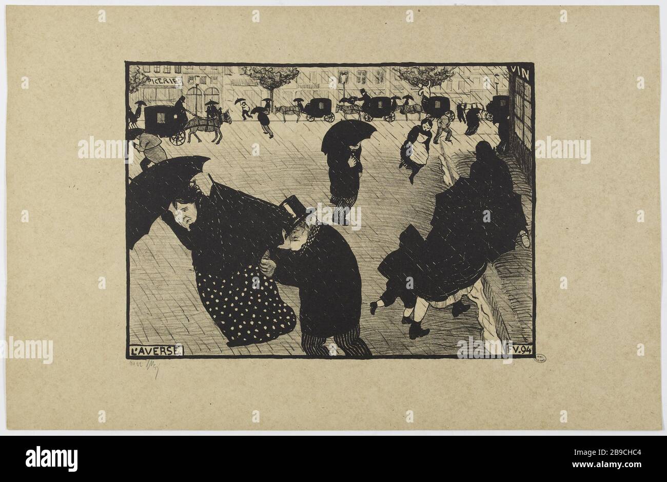 Die Herabschüttung. Félix Edouard Vallotton (1865-1925). "L'Averse". Tiefdruck. 1894. Paris, musée Carnavalet. Stockfoto