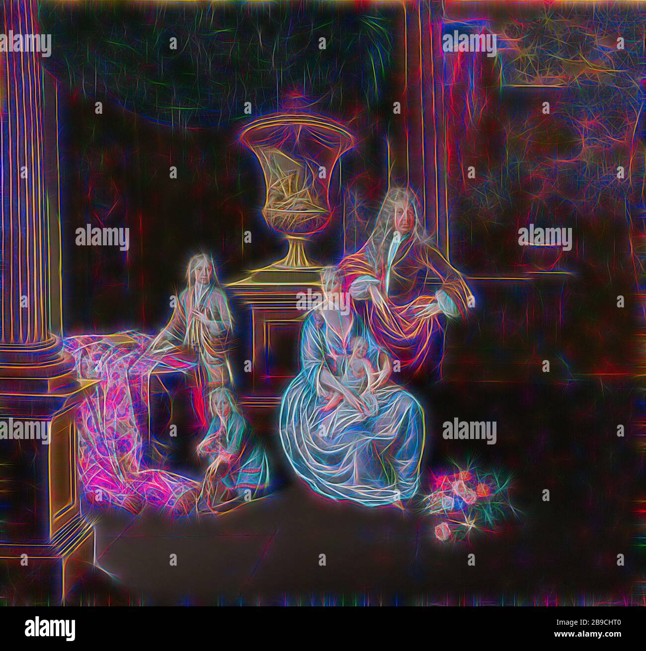 Diederik Baron van Leyden Van Vlaardingen (1695-1764). Bürgermeister von Leiden mit seiner Frau Sophia Dina de Rovere und ihre Söhne Pieter, Jan und Adriaan Pompejus, Family Portrait von diederik Baron van Leyden Van Vlaardingen mit seiner Frau Sophia Dina de Rovere und ihre drei Söhne Pieter, Jan und Adriaan Pompejus. Die Familie ist in einem Innenraum mit auf der linken Seite eine Tabelle mit einigen Bücher, Jan spielt mit einem Hund. Es ist ein Strauß Blumen auf dem Boden. Im Hintergrund ein Garten Vase mit einem Fluss, Gott, auf der rechten Seite Blick auf den Garten. Die Sammlung von Pieter Cornelis van Leyden war pur Stockfoto