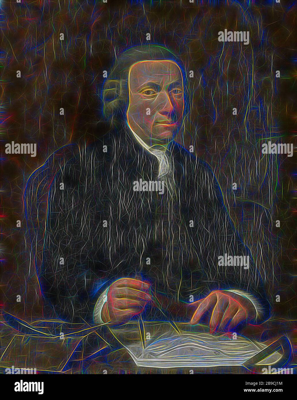 Porträt von Barend Goudriaan Ariesz, Porträt von Barend Goudriaan an einem Tisch sitzend. Er verwendet einen Kompass und einen Lineal, um eine Karte eines Flusses in der Nähe von Hardinxveld, historischen Personen, Kompasse, Hardinxveld-Giessendam, Barend Goudriaan Ariesz., Cornelis van Cuylenburgh (II), 1776, Leinwand, Ölfarbe (Farbe), h 77 cm × w 61,5 cm d 6 cm × d, 14,5 cm Von Gibon neu erstelltes Design mit warmem, fröhlichem Glanz von Helligkeit und Lichtstrahlen. Klassische Kunst mit moderner Note neu erfunden. Fotografie, inspiriert von Futurismus, mit dynamischer Energie moderner Technologie, Bewegung, Geschwindigkeit und Rev Stockfoto