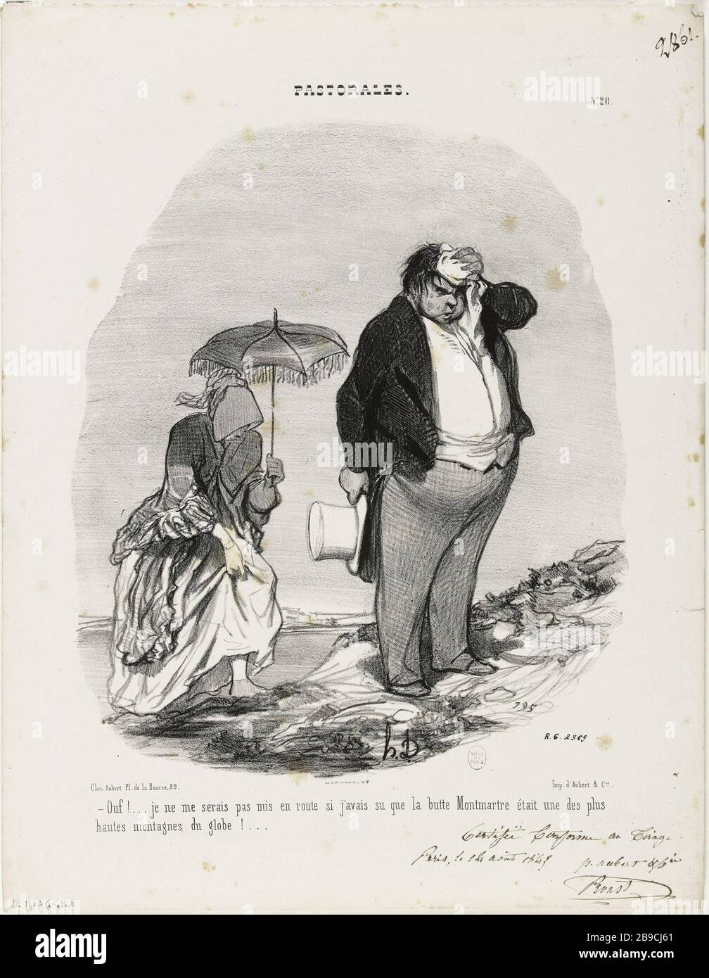PASTORAL - PHEW! . ICH WÜRDE MICH NICHT AUFBRINGEN, WENN ICH GEWUSST HÄTTE, DASS DER BUTTE MONTMARTRE EINES DER HÖCHSTEN BERGE DER WELT WAR! . (PL.20) Honoré Daumier (1808-1879).'Pastorales - ouf! . je me serais pas mis en Route si j'avais su que la butte Montmartre était une des plus hautes montagnes du Globe! . (pl.20)". Lithographie en noir. Paris, musée Carnavalet. Stockfoto