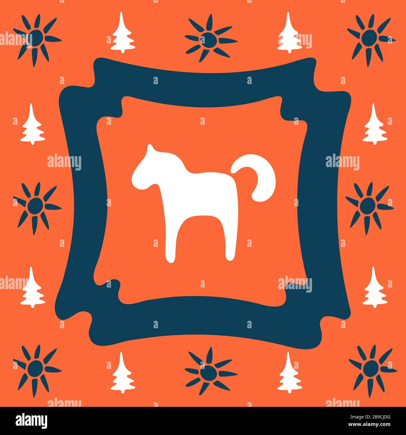 Orange Folk Doodle eckige Kachel mit Pferd. Folklore-Clipart für Fliesen, Servietten, Untersetzer, Postkarte. Flickenteppich, Schmuck, Mosaik aus Kacheln. Keramisches Geschirr Stock Vektor