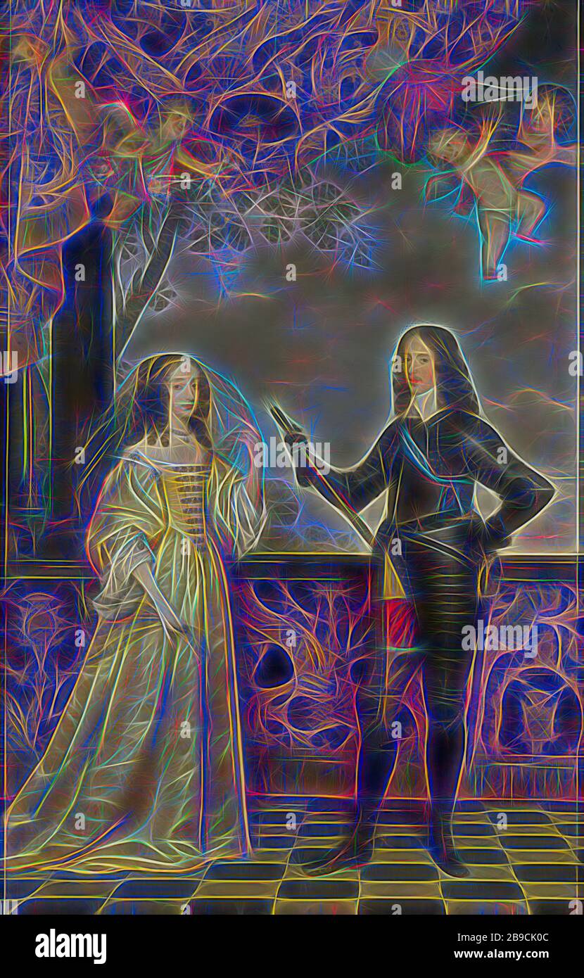 Porträt von William II (1626-1650), Prinz von Orange, und seiner Frau Mary Stuart (1631-1660), Porträt von William II., mit seiner Frau Maria Stuart. Beide sind in voller Länge präsentiert und stehen auf einem Balkon. Der Prinz in Rüstung mit Befehlsstab in der rechten Hand. Vier Putten spielen im linken oberen Vorhang, zwei mit dem Fürsthelm, einer mit Blumen bestreut. Willem II (Prinz von Orange), Maria Henriette Stuart, Gerard van Honthorst, 1647, Leinwand, Ölfarbe (Farbe), Halterung: h 302 cm × w 194,3 cm d 12 cm, von Gibon neu erdacht, Design von warmfröhlichem Leuchten von Helligkeit und Lichtstrahlen Stockfoto