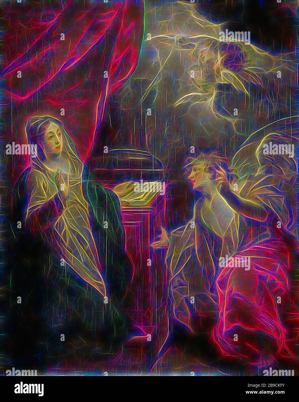 Mariä Verkündigung, Mariä Verkündigung. In der Bildmitte befindet sich eine Spalte, für die ein Leser mit einem geöffneten Buch steht. Links davon Maria. Rechts ein kniender Engel. Über dem Engel in den Wolken zwei Putten und eine lichtstrahlende Taube. Als Altarbild für die Kapelle im Maagdenhuis am Spui in Amsterdam gefertigt, die Verkündigung: Maria, in der Regel Lesung, wird von dem Engel (manchmal hört eine Frau das Gespräch), Jacob de Wit, 1723, Leinwand, Ölfarbe (Farbe), h 207 cm × w 166 cm d 8 cm w 31 cm, von Gibon neu vorstellbar, Entwurf eines warmfröhlichen Lühens der Helligkeit und l. Stockfoto