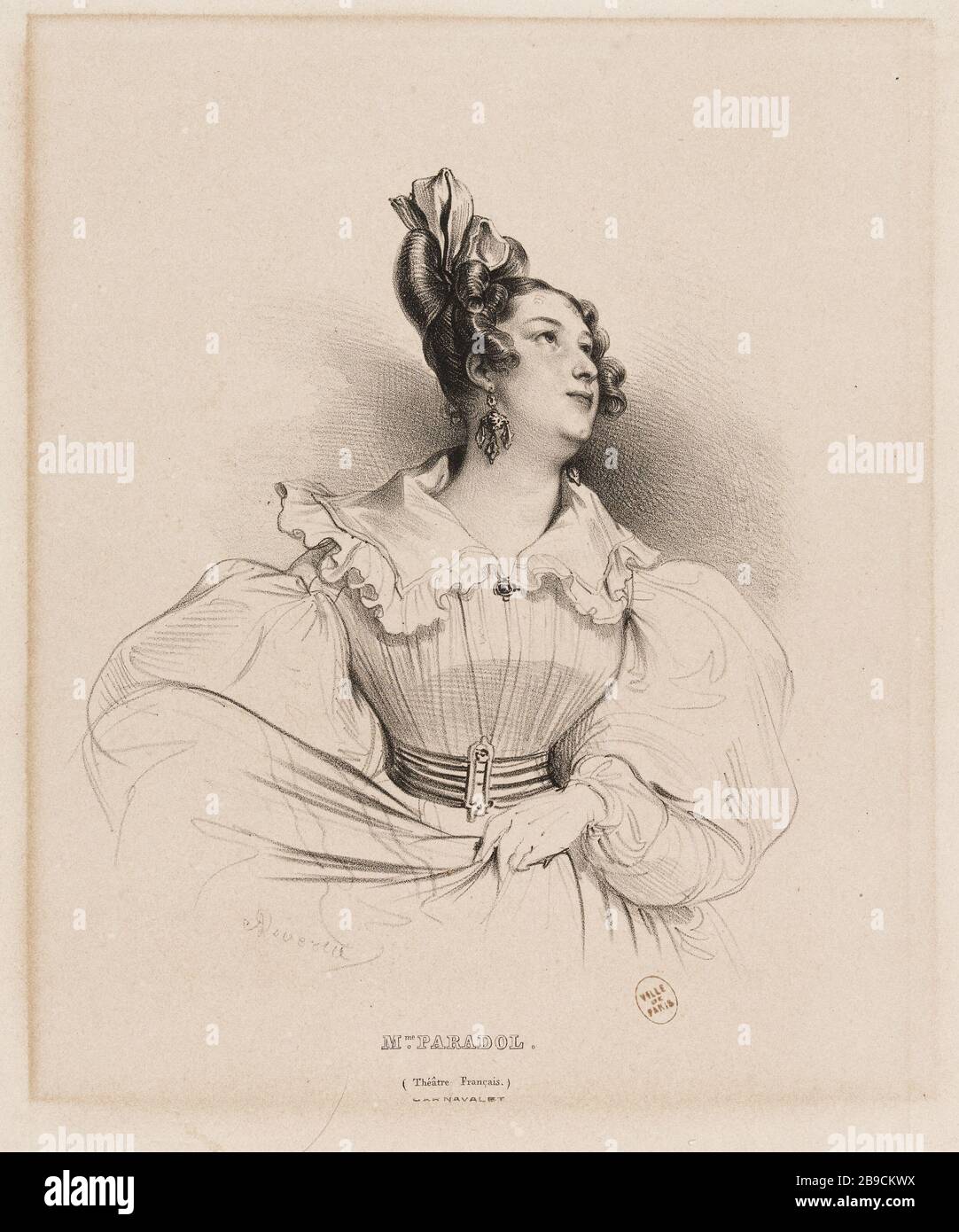 Schauspielerinnen der Pariser Haupttheater: Porträt des französischen Theaters Achille Devéria (1800-1857), Rose Joseph Lemercier (1803-1887). Actrices des principaux Théâtres de Paris: Portrait de Madame Paradol, Théâtre français. Lithographie sur Papier. Paris, musée Carnavalet. Stockfoto