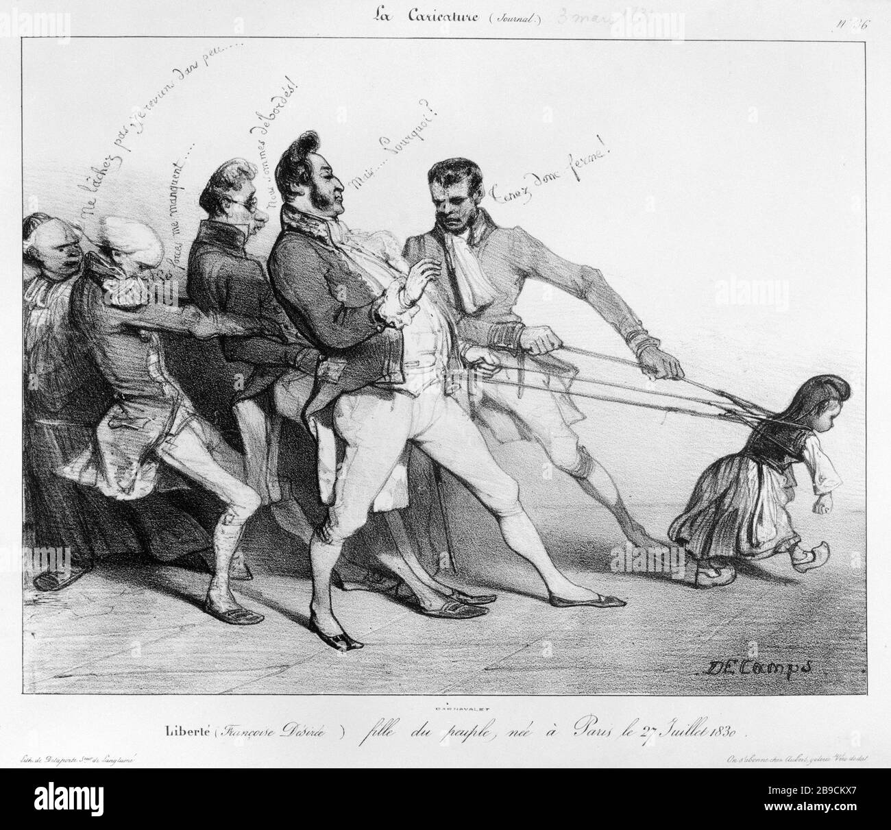 CARTOON 36 - FREEDOM (FRANCOISE DESIREE) TOCHTER VON MENSCHEN, DIE IN PARIS geboren wurden, 27. Juli 1830 'La Caricature numéro 36 : Liberté (Françoise Désirée) fille du peuple, née à Paris le 27 Juillet 1830'. Estampe d'Alexandre-Gabriel Decamps (1803-1860). Paris, musée Carnavalet. Stockfoto