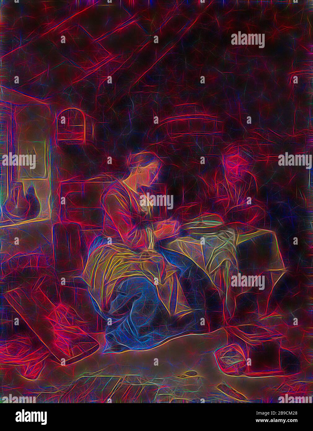 Grace, das Beten vor den Mahlzeiten sagen. Inneneinrichtung eines Bauernhauses mit einem betenden alten Mann und einer jungen Frau, die an einem Tisch sitzt. Auf dem Boden ein Herd mit Feuerprobe, im Fenster eine Kanne und an der Wand ein Druck, ein Tischgebet, das Anmut, einen Fußofen, einen Behälter oder eine Keramik sagt: Krug, Krug, Topf, Vase, Cornelis Pietersz. Bega, 1663, Leinwand, Ölfarbe (Farbe), h 37,5 cm × w 30 cm h 46,5 cm × w 40 cm, von Gibon neu vorgestellt, Design von warmfröhlichem Leuchten von Helligkeit und Lichtstrahlen. Klassische Kunst mit moderner Note neu erfunden. Fotografie, inspiriert vom Futurismus, mit dynamischer Energie des modernen Techno Stockfoto