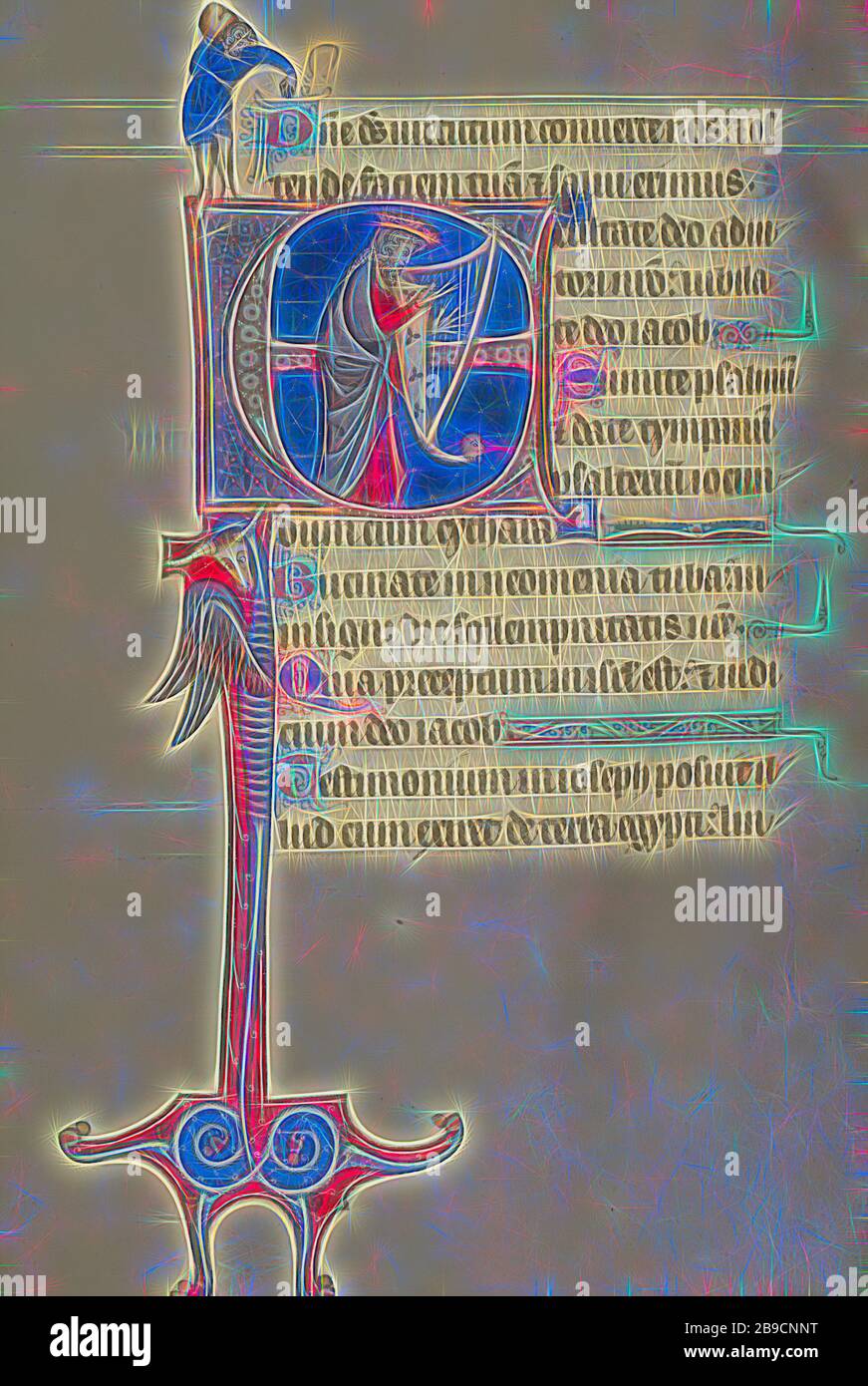 Initial E: David, der die Harfe und einen Mann spielt, der einen Felsen, Bute Master (französisch-flämisch, aktiv ca. 1260 - 1290), Nordosten (beleuchtet), Frankreich, Beleuchtung ca. 1270 - 1280, ca. 135 - 1375, Temperafarben, Gold und Eisengallfarbe auf Pergament, Blatt: 17 x 11,9 cm (6 11,16 x 4 11,16 Zoll, von Gibon neu vorgestellt, Design von warmem, fröhlichem Leuchten von Helligkeit und Lichtstrahlen. Klassische Kunst mit moderner Note neu erfunden. Fotografie, inspiriert vom Futurismus, die dynamische Energie moderner Technologie, Bewegung, Geschwindigkeit und Kultur revolutionieren. Stockfoto