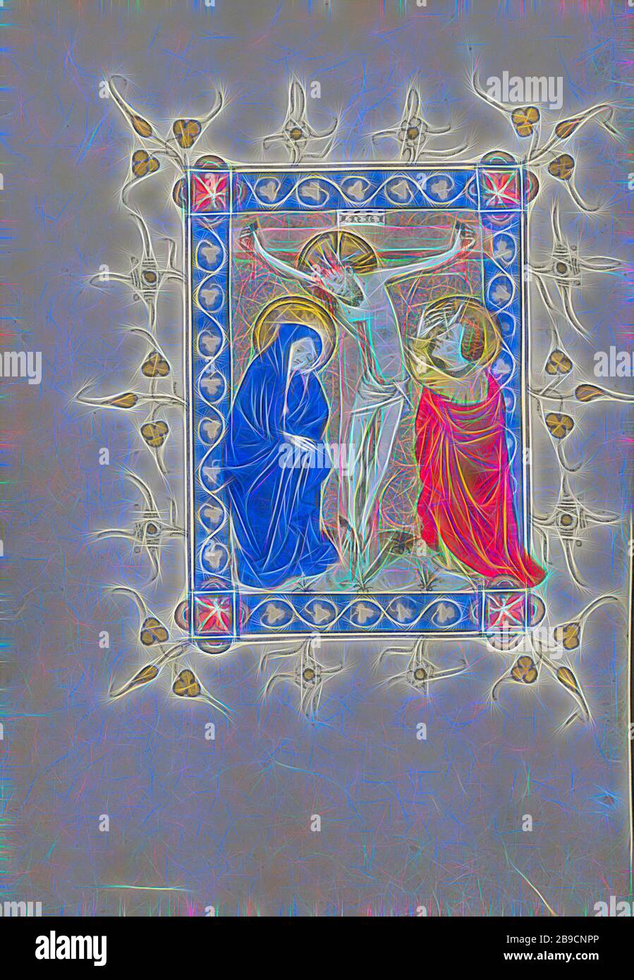 The Crucifixion, Masters of Dirc van Delf (niederländisch, aktiv ca. 1400 - ca. 1410), Utrechter (wahrscheinlich), Niederlande, ca. 1405 - 1410, Temperafarben, Blattgold und Tinte auf Pergament, Blatt: 16,5 x 11,7 cm (6 1,2 x 4 5,8 Zoll, von Gibon neu vorgestellt, Design von warmem, fröhlichem Leuchten von Helligkeit und Lichtstrahlen. Klassische Kunst mit moderner Note neu erfunden. Fotografie, inspiriert vom Futurismus, die dynamische Energie moderner Technologie, Bewegung, Geschwindigkeit und Kultur revolutionieren. Stockfoto