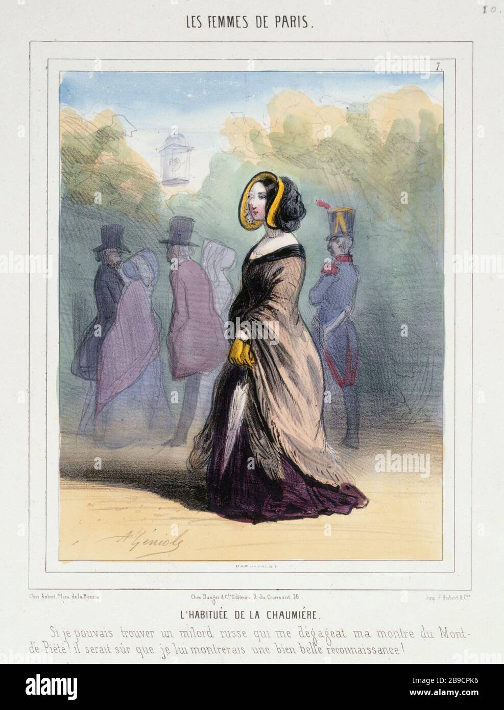FRAUEN VON PARIS - der Neuling VON COTTAGE Alfred Geniole (1813-1861). "Les Femmes de Paris - L'habituée de la Chaumière". Tiefdruck. Paris, musée Carnavalet. Stockfoto